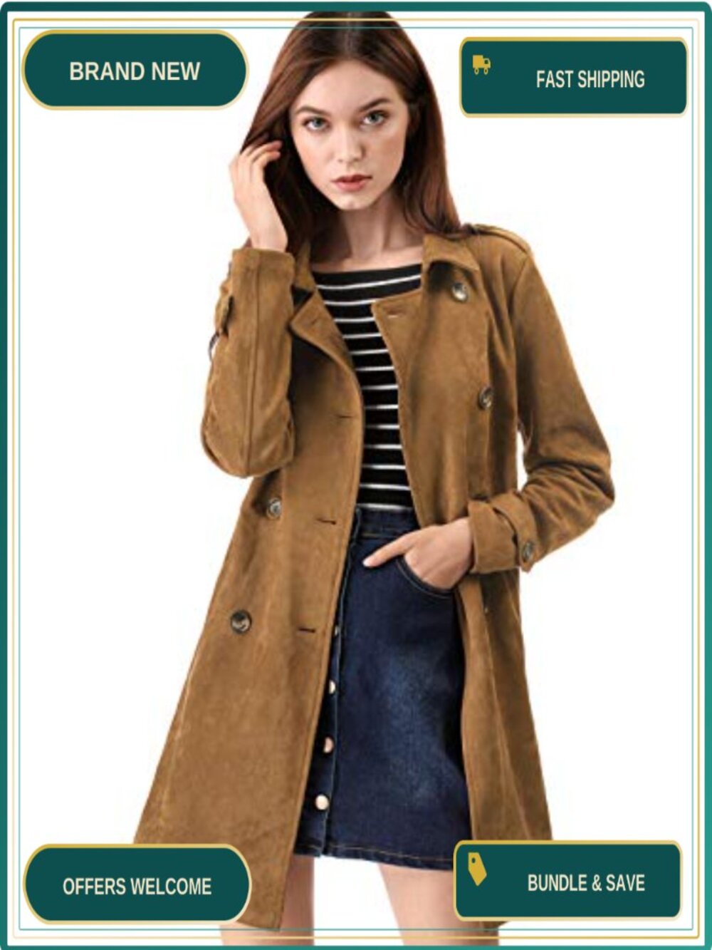 Faux Suede Trench Coat Double Breasted Belted Notch Collar Winter Outerwear